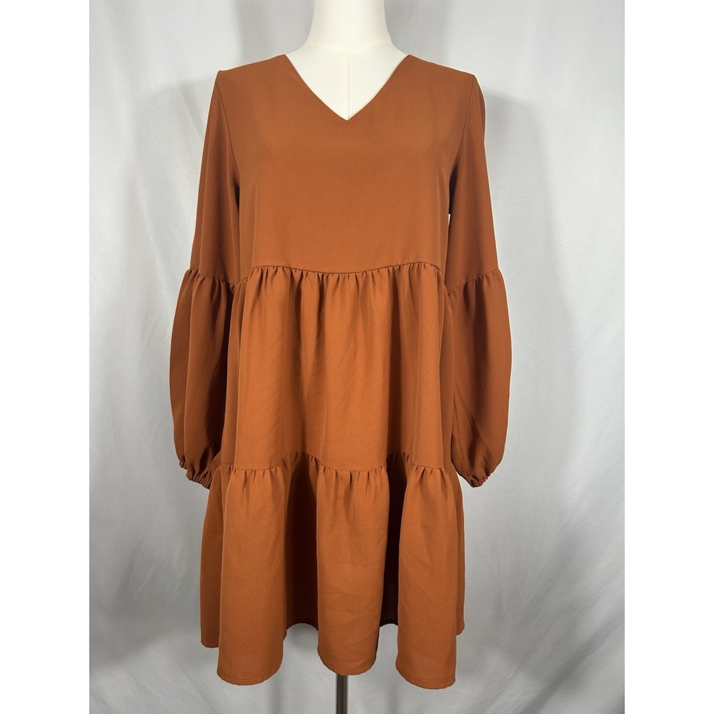 Womens Oversized Smocked Puff Sleeve Dress Size S Cottagecore Boho Tiered Earthy - Picture 3 of 11